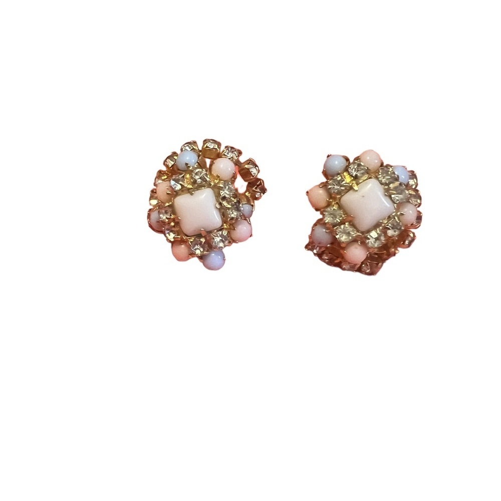 Vintage Unique Rhinestone & Faux Pearl Opaline Gold tone Clip On Earrings
